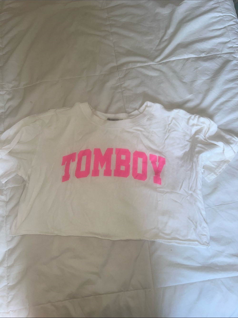 Forever 21 White Crop Tee with Hot Pink TOMBOY Graphic
